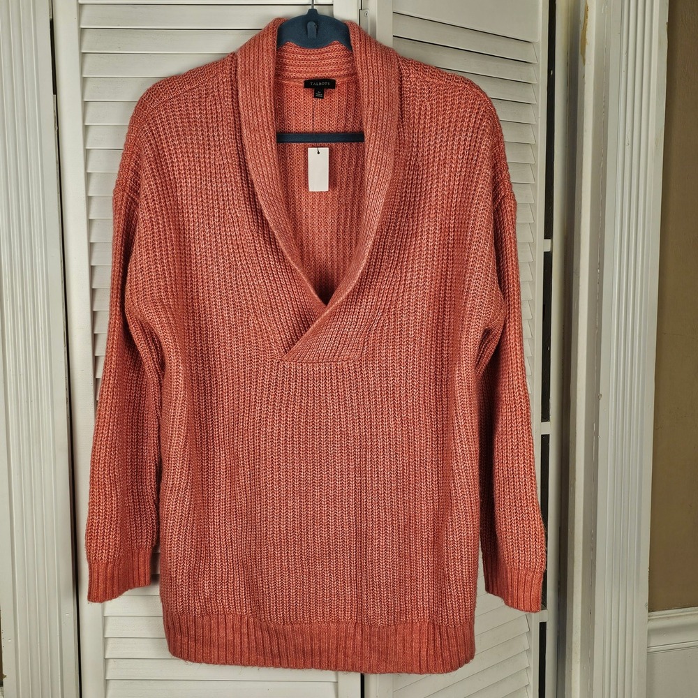 NWT Talbots Womens Coral Shawl Collar Shaker Stitch Wool Blend Sweater Medium